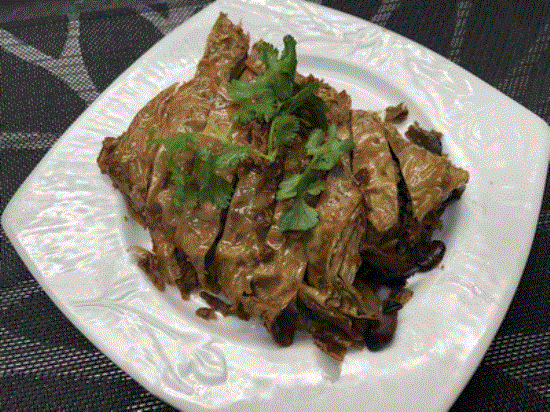 Crispy tofu sheets with shred dried black mushroom